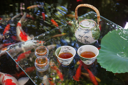 精致小花瓶夏天池塘里的金鱼和水上的茶杯茶叶背景