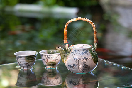 夏天艺术字免抠中国元素茶具背景