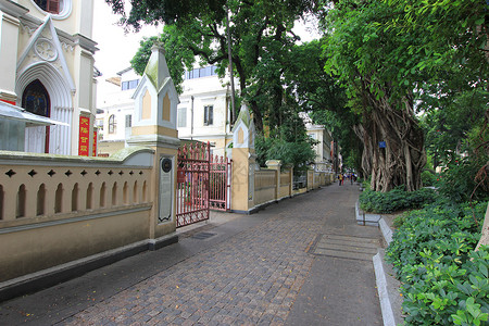 马路栏杆广州沙面城市建筑背景