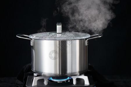 黑色不锈钢炊具现代准备食物燃气灶和炖锅背景