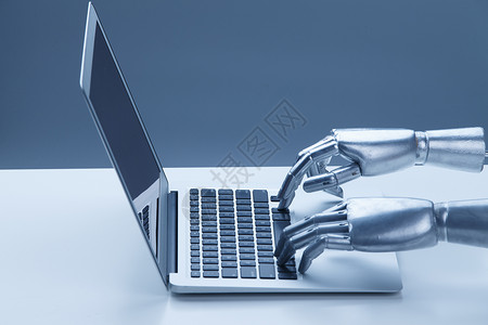 蓝色科技手指无人科技机械手与掌上电脑背景