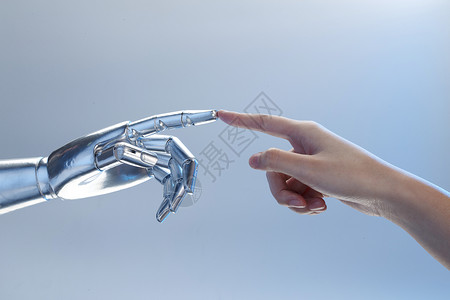 蓝色科技手指科技机械手与人类之手背景