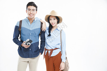 青年女人相机男朋友青年情侣旅行图片