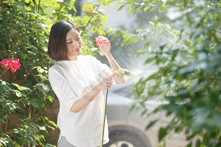 树信心院子青年女人户外浇花背景