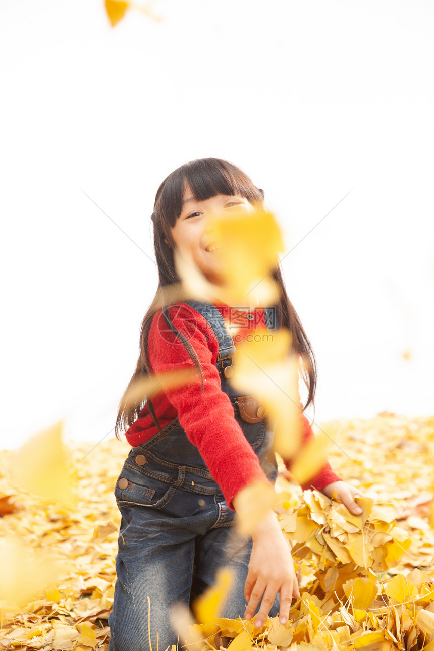 度假东方人银杏叶快乐的小女孩户外玩耍图片
