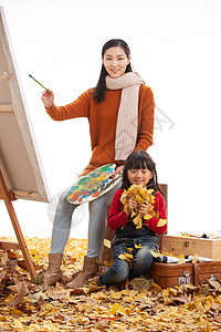 画画高兴的围巾母亲和女儿户外郊游图片