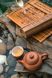 有水文字素材东方文字石头茶壶和竹简背景