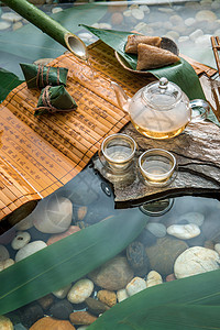 清新水元素传统文化茶道和粽子背景