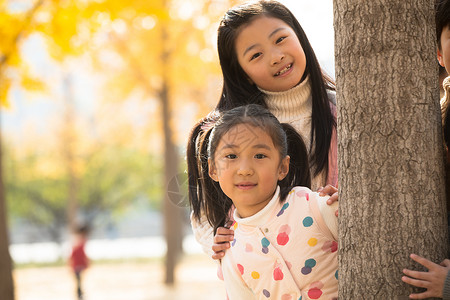 站在树上的孩子小学生朋友树林两个可爱的小女孩在户外玩耍背景