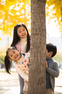 树亚洲4岁到5岁欢乐的男孩女孩在户外玩耍图片