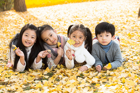 草地树叶度假可爱的男孩女孩在户外玩耍图片