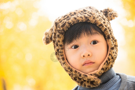 可爱熊形象人的头部动物形象树林小男孩在户外玩耍背景