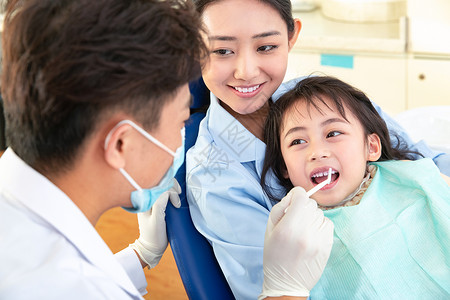 5个人牙科设备健康保健工作人员4岁到5岁牙科医生给小女孩检查背景