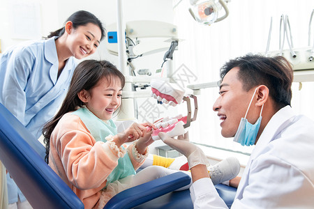 儿童诊所牙科医生教小女孩刷牙背景