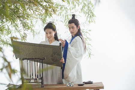 竹子卷轴素材摄影古典风格历史古装情侣背景