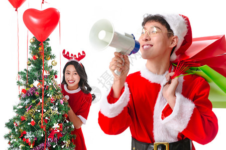 传统节日宣传系列帽子圣诞老人嬉戏的快乐的年轻人过圣诞节背景