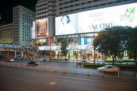 城市汽车海报广场夜晚步行街北京商业街夜景背景