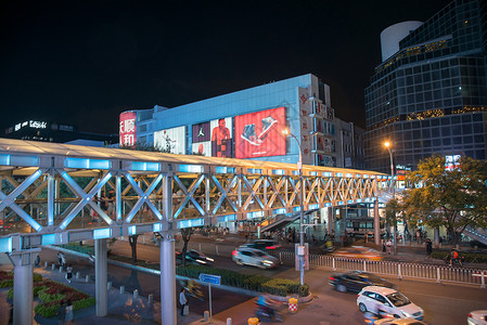 城市汽车海报楼群商场西单北京商业街夜景背景
