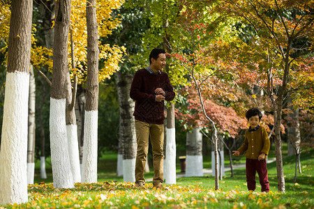 树独生子家庭户外活动父亲陪着儿子在户外玩耍图片