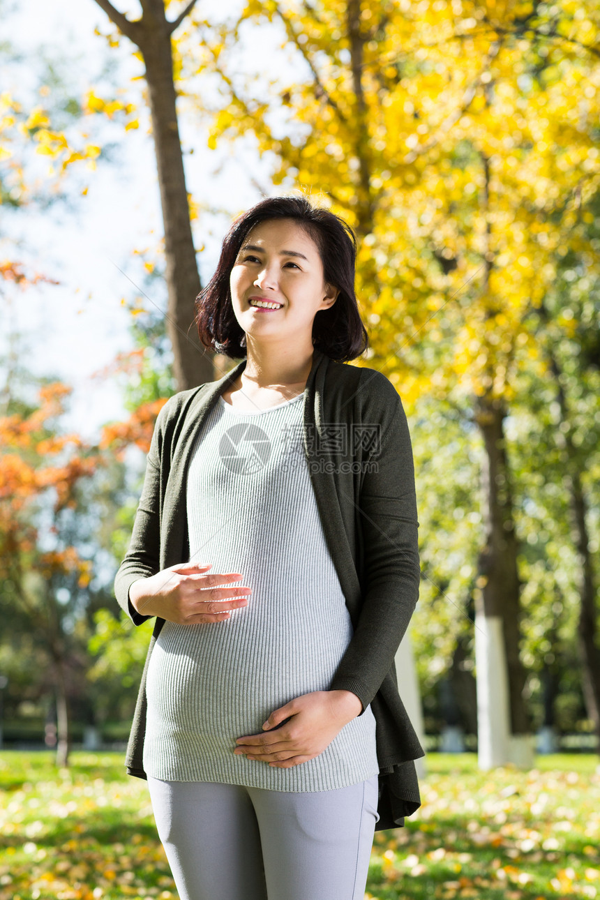 预期期待亚洲年轻的孕妇在户外图片