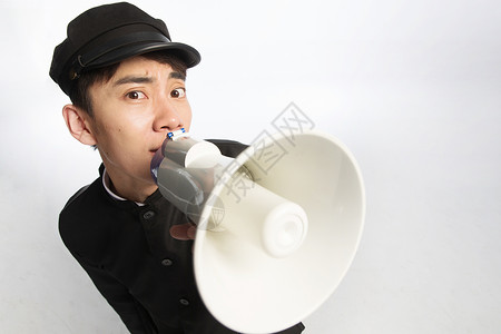 人的嘴通知亚洲清新复古青年男人使用扩音器背景