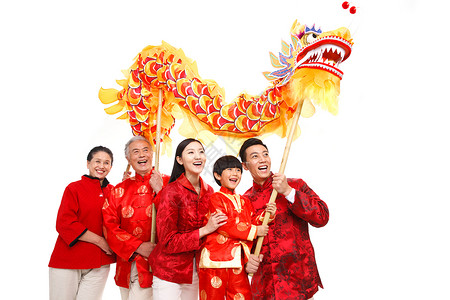 春节舞龙的孩子青年人相伴老年夫妇快乐家庭过新年舞龙背景