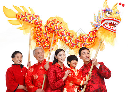 春节舞龙的孩子微笑站着祝福快乐家庭过新年舞龙背景
