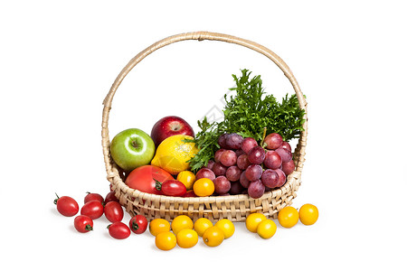一篮子小葡萄葡萄苦菊水平构图蔬菜水果背景