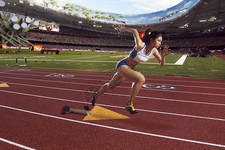 运动赛事广告语径赛项目亚洲仅女人田径运动员在赛场比赛背景