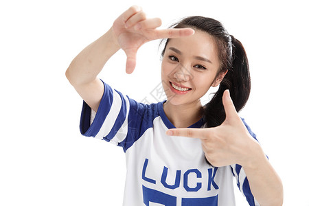 中国风拍照框肖像时尚休闲装快乐的年轻女人背景