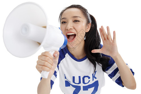 东亚好消息时尚拿着话筒大喊的年轻女人图片
