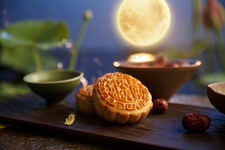 池塘静物月亮中秋节月饼图片