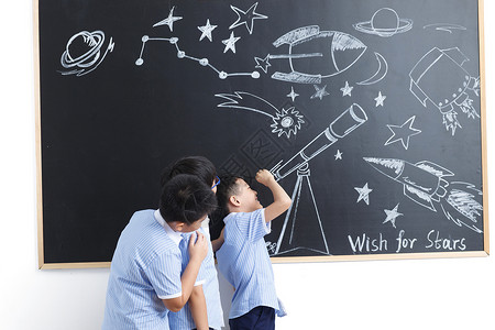 中国星座可爱的小学女生在教室黑板前背景