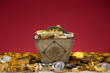 金子和银子古币储蓄桶高清图片