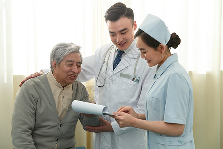 手绘护士帽老年人相伴女护士医务工作者和患者在病房里背景
