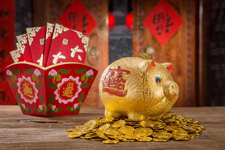 金币红包树储蓄存钱罐和金币背景