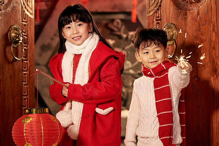 烟花新年摄影图海报摄影门传统文化快乐儿童过年背景