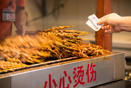 串肉签诱惑油炸食品餐馆北京王府井的小吃背景