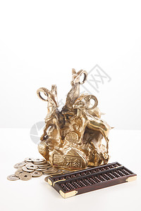 古代钥匙户内古典风格金属制品算盘和铜钱背景