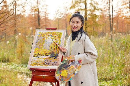 秋季画秋季户外美女在公园里画油画背景