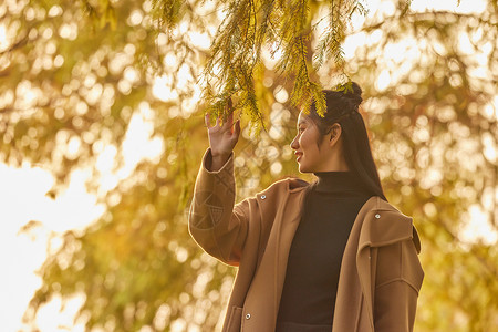 秋季黄昏美女郊游看风景图片