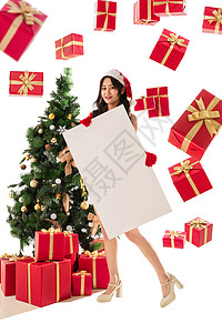 海报金色布告栏展示20多岁过圣诞节的年轻女人拿着白板背景