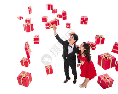 金色礼物素材女朋友亚洲人年轻人伸手接礼物的幸福伴侣背景