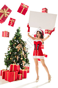 好消息促销海报放松好消息礼物过圣诞节的年轻女人拿着白板背景