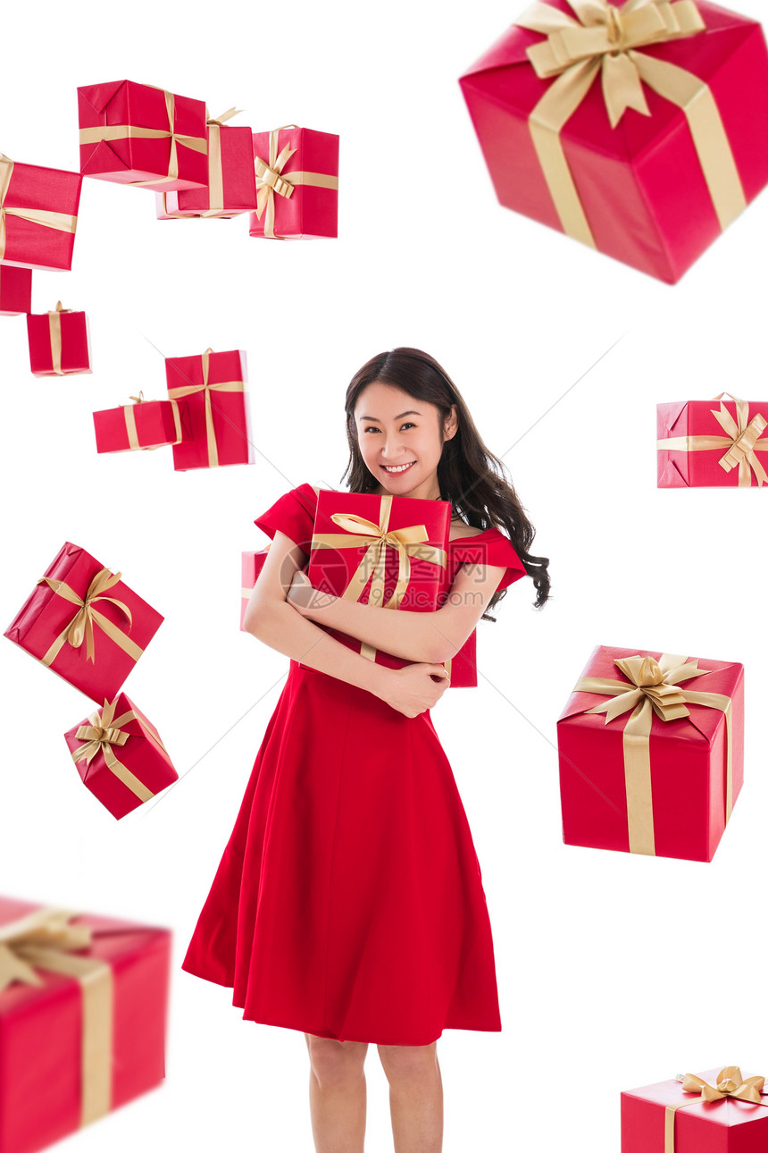愉悦亚洲人幸福漂亮的年轻女人与礼物图片