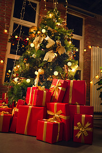 堆叠气球金色圣诞树和圣诞礼物背景图片