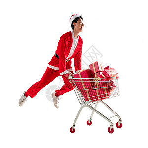 抢时间红色购买穿圣诞服的青年男人推着购物车图片