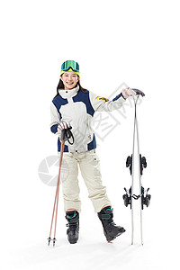 年轻美女手扶滑雪板开心表情图片