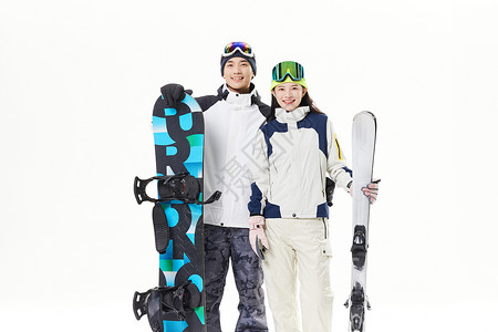 相约滑雪年轻情侣相约一起滑雪背景