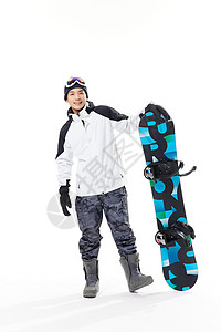 年轻男子手扶滑雪板高清图片